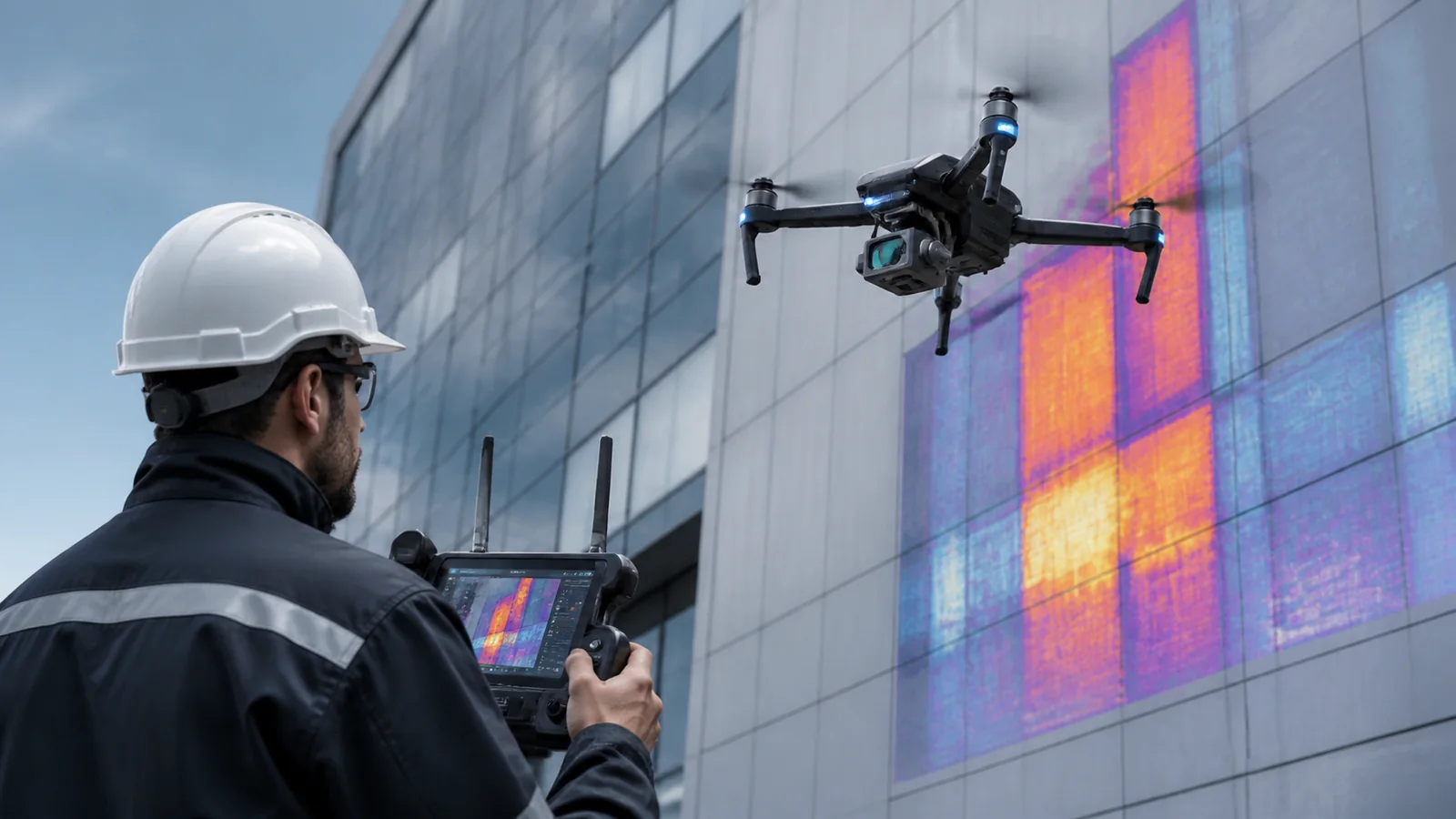 Mise en situation éditoriale d'un drone thermique pour bâtiment dans son contexte d'usage professionnel