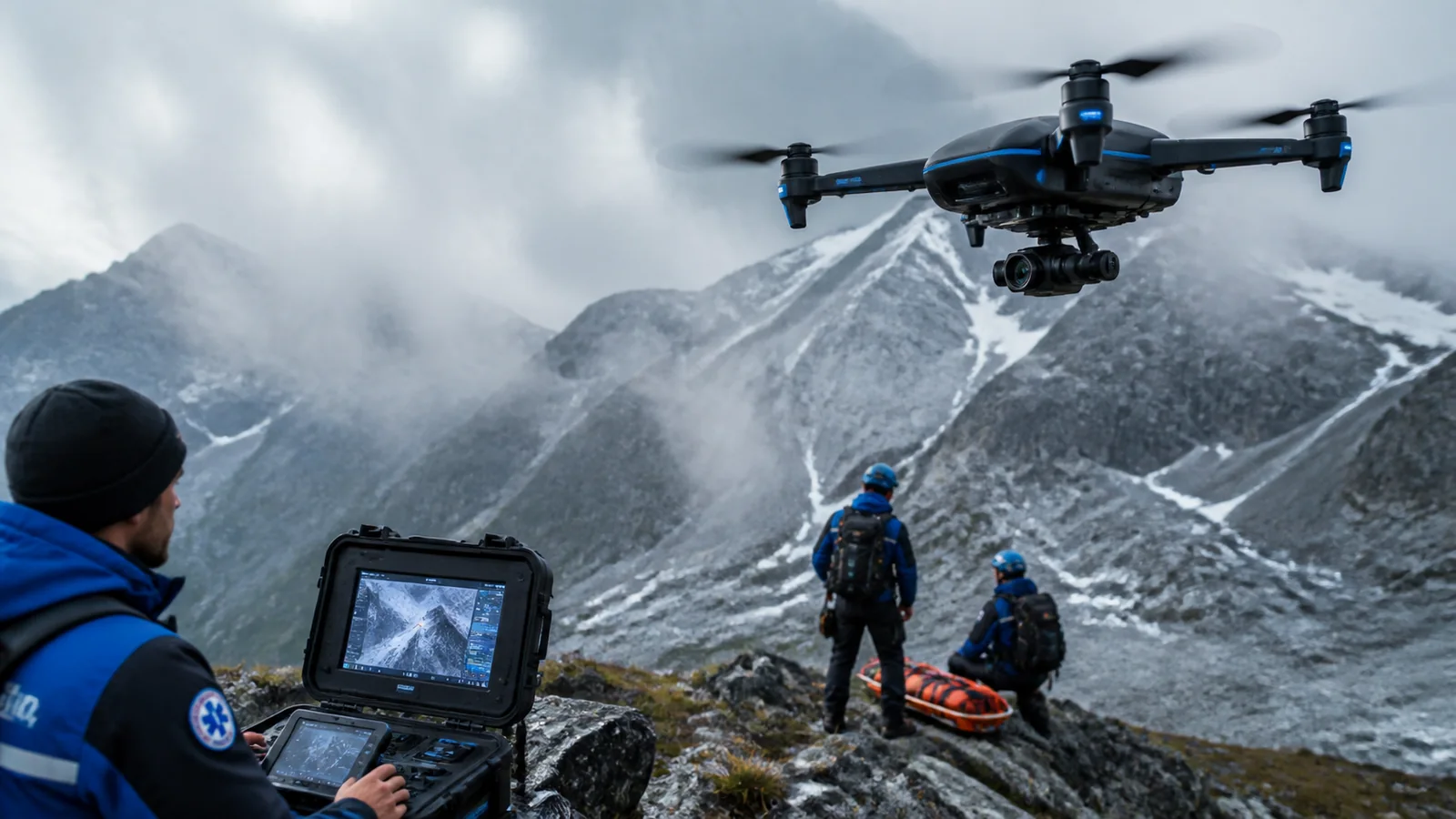 Mise en situation éditoriale d'un drone de secours en montagne dans son contexte d'usage professionnel