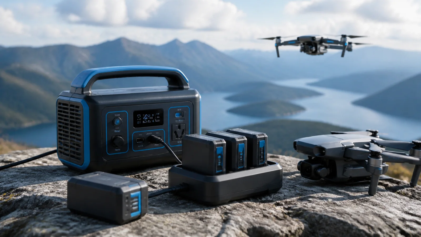 Mise en situation éditoriale d'un station de recharge pour drone sur le terrain dans son contexte d'usage professionnel
