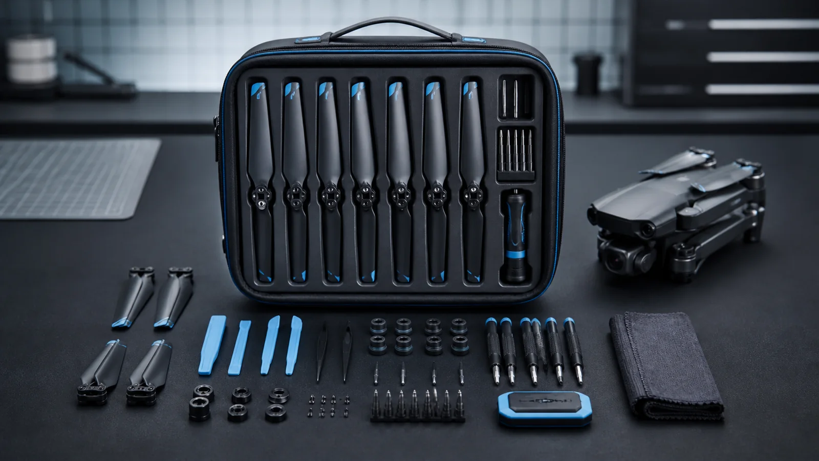Mise en situation éditoriale d'un kit d’hélices pour drone dans son contexte d'usage professionnel
