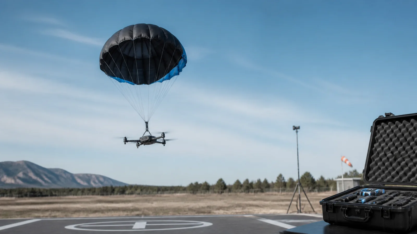 Mise en situation éditoriale d'un parachute pour drone dans son contexte d'usage professionnel
