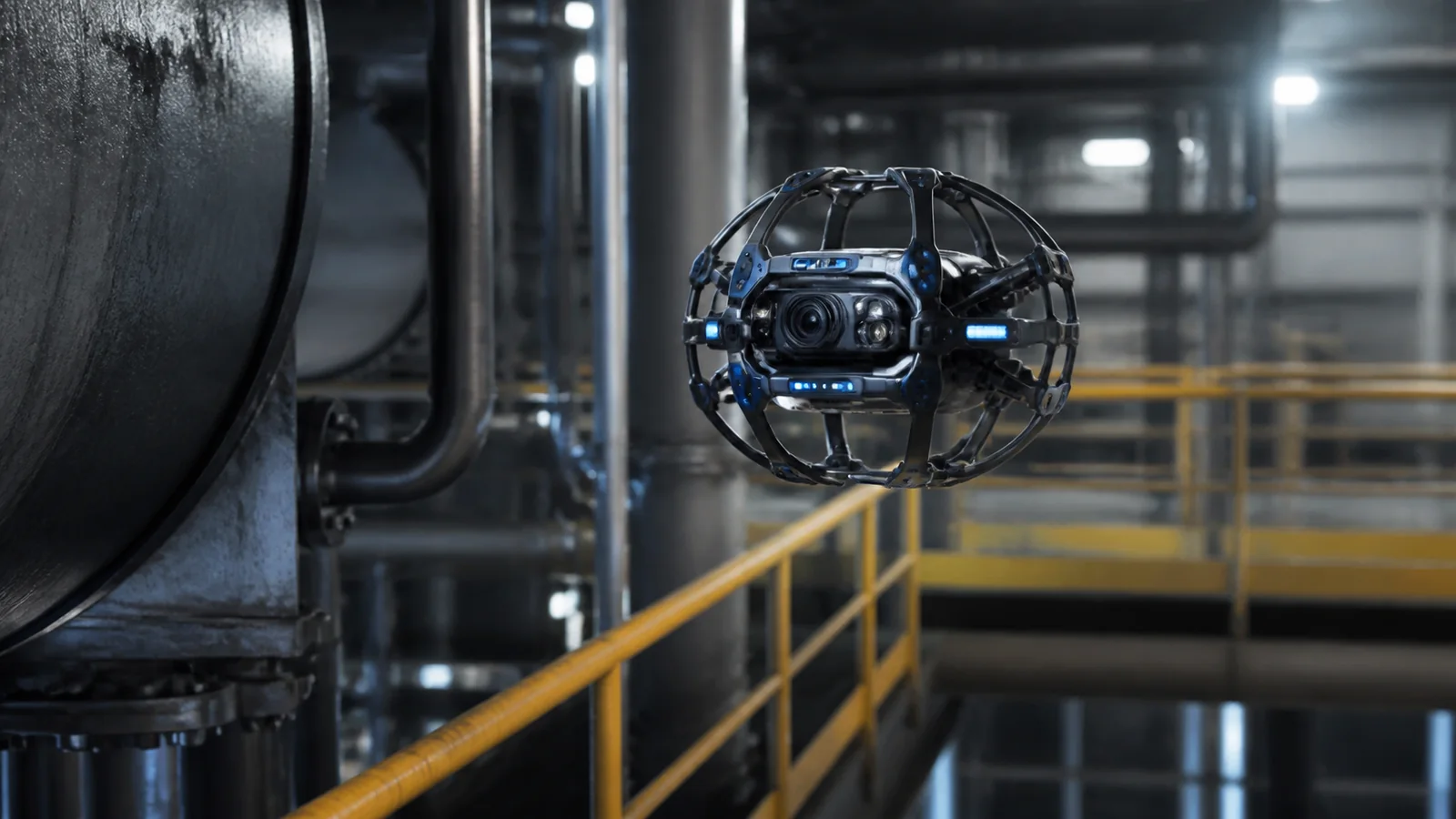 Mise en situation éditoriale d'un drone intérieur en cage dans son contexte d'usage professionnel