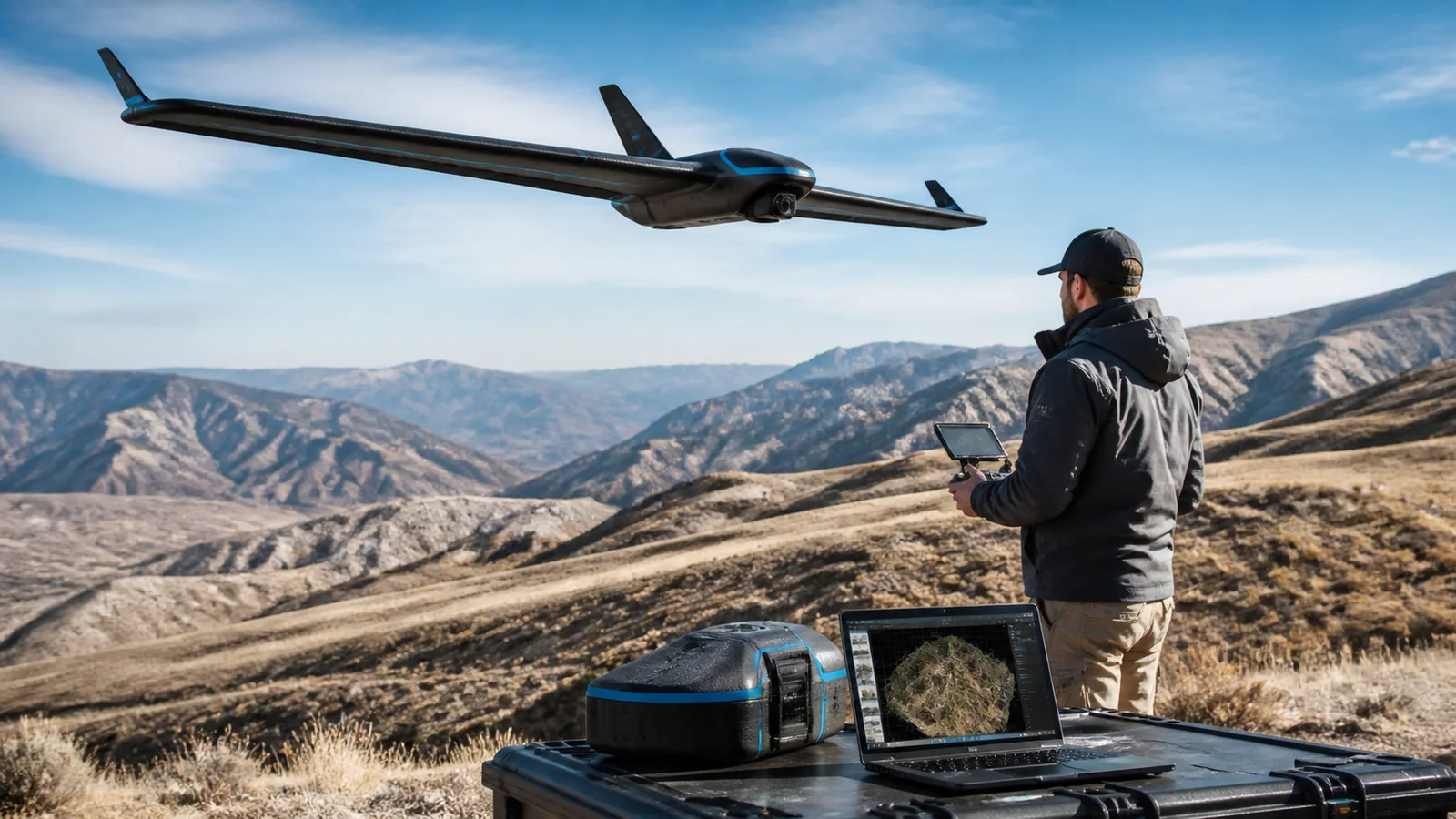 Mise en situation éditoriale d'un drone de photogrammétrie dans son contexte d'usage professionnel