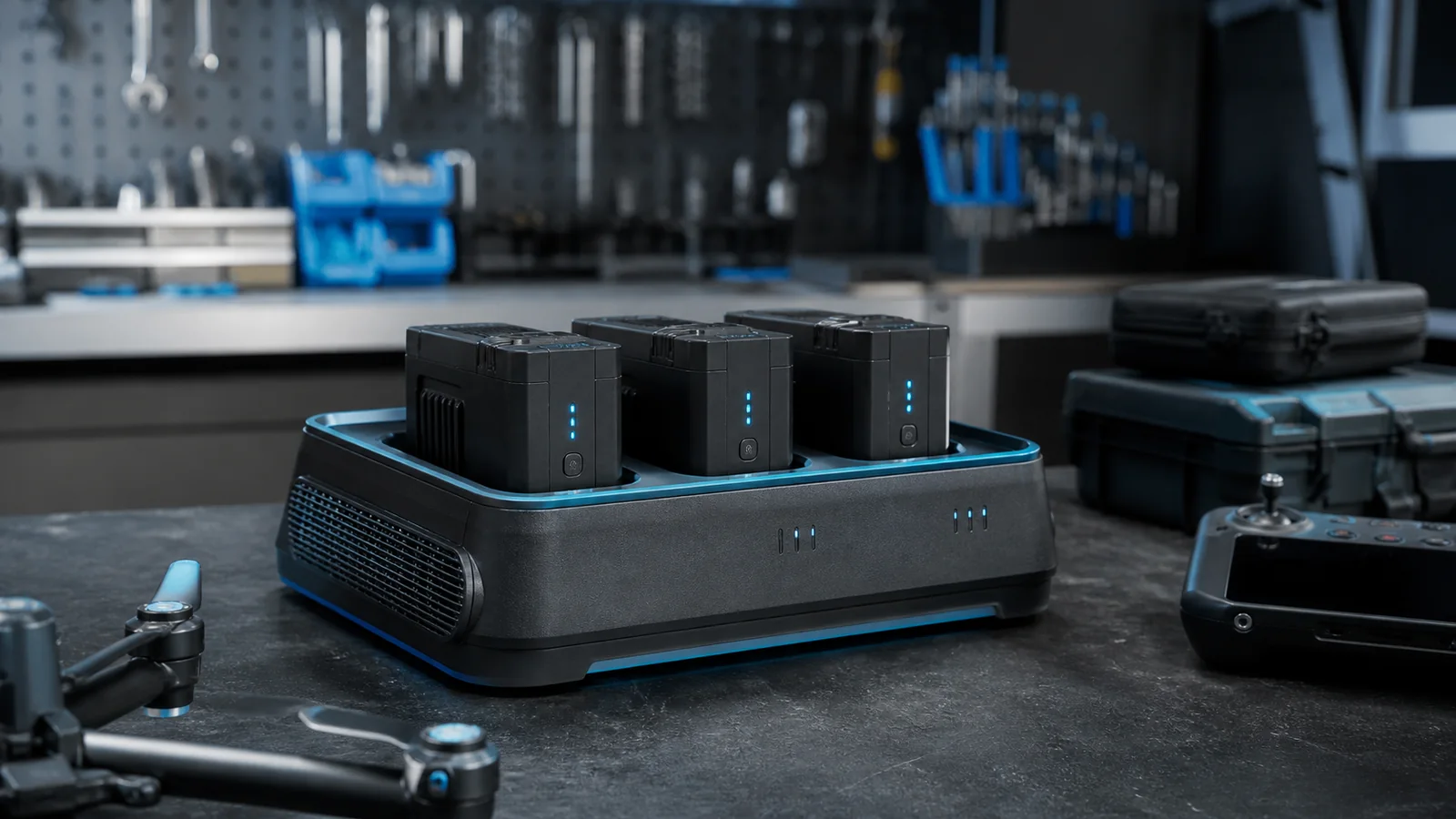 Mise en situation éditoriale d'un chargeur multi-batteries drone dans son contexte d'usage professionnel