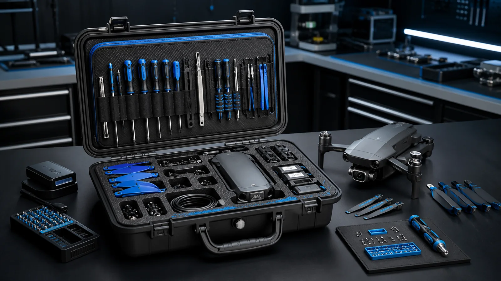 Mise en situation éditoriale d'un kit de maintenance drone dans son contexte d'usage professionnel