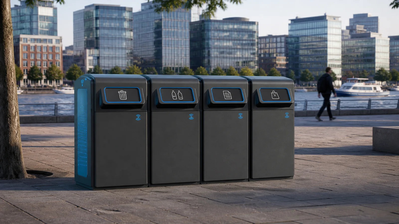 Mise en situation éditoriale d'un poubelle urbaine connectée dans son contexte d'usage professionnel