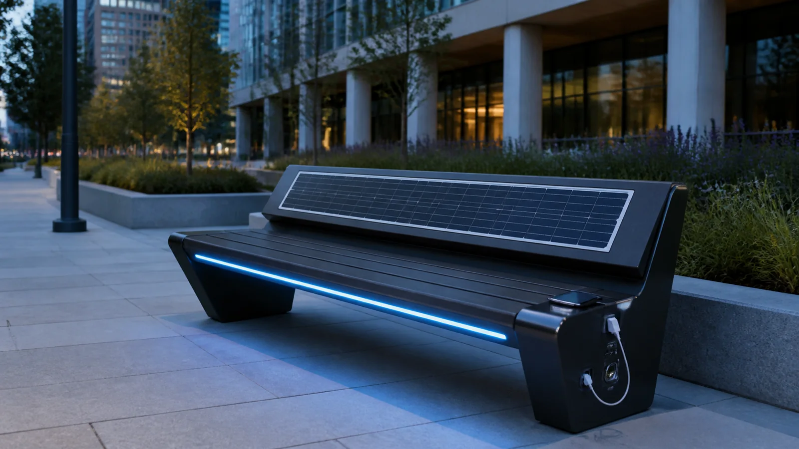 Mise en situation éditoriale d'un banc public solaire dans son contexte d'usage professionnel