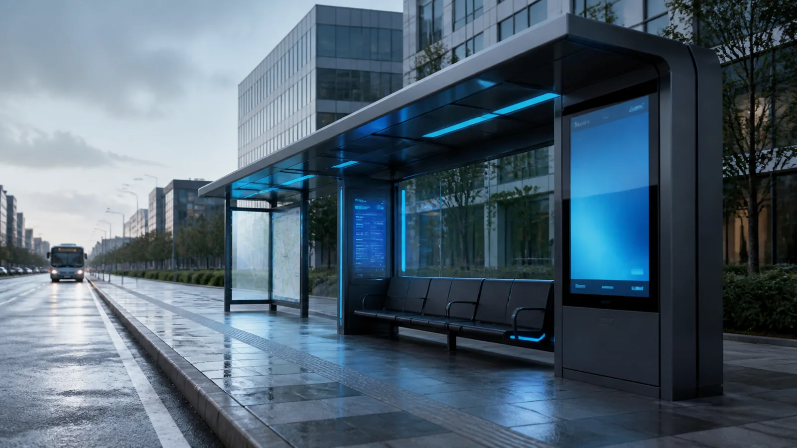 Mise en situation éditoriale d'un abri bus connecté dans son contexte d'usage professionnel