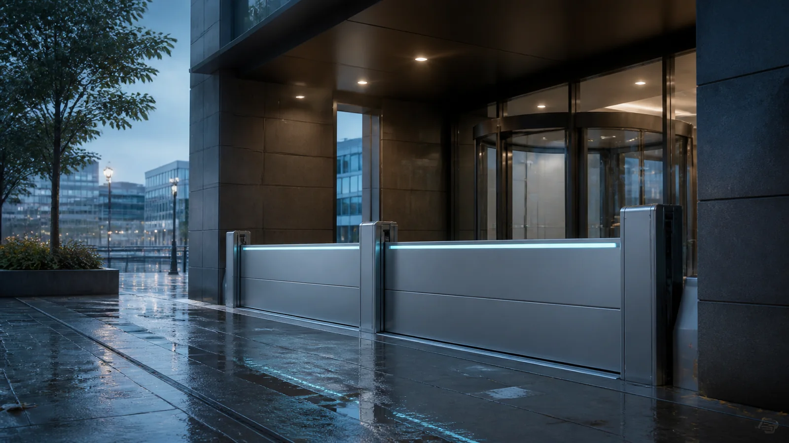 Mise en situation éditoriale d'un barrière anti-inondation automatique dans son contexte d'usage professionnel