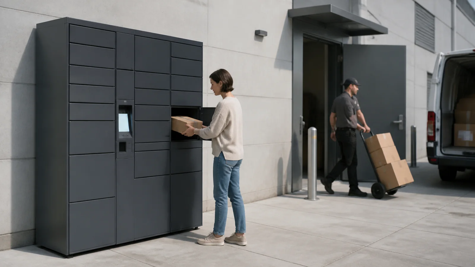 Mise en situation éditoriale d'un coffre de livraison magasin dans son contexte d'usage professionnel