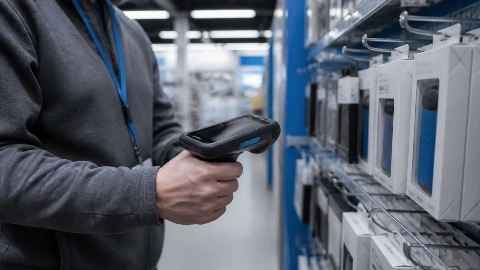Mise en situation éditoriale d'un scanner d’inventaire boutique dans son contexte d'usage professionnel
