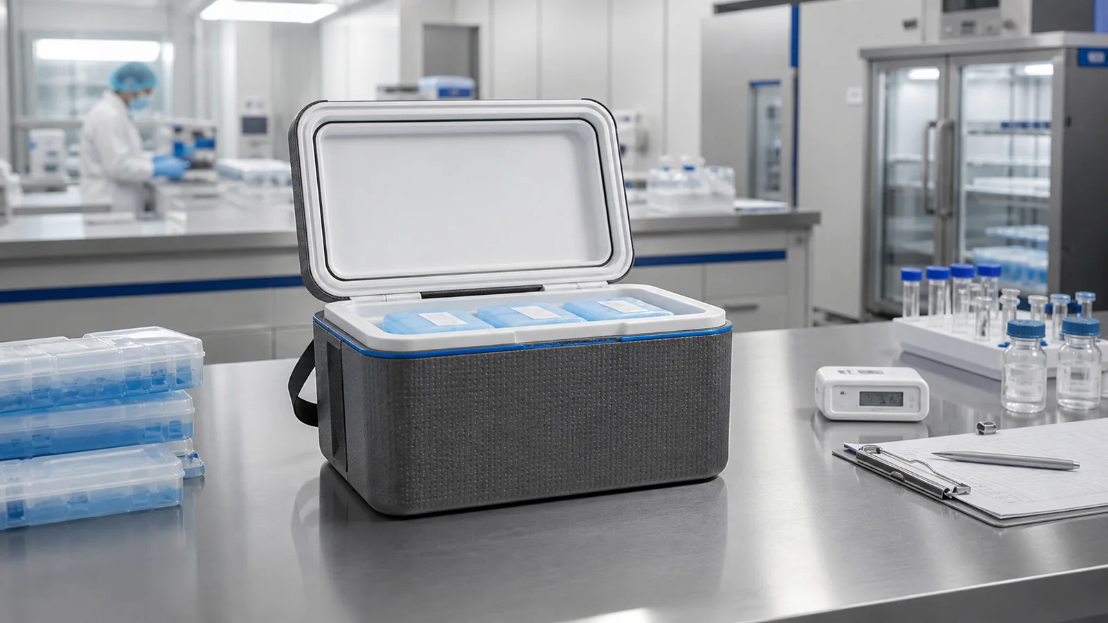Mise en situation éditoriale d'un boîte de chaîne du froid médicale dans son contexte d'usage professionnel