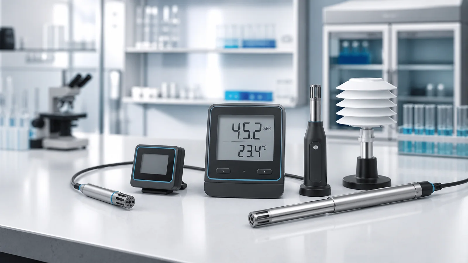 Mise en situation éditoriale d'un hygromètre de laboratoire dans son contexte d'usage professionnel