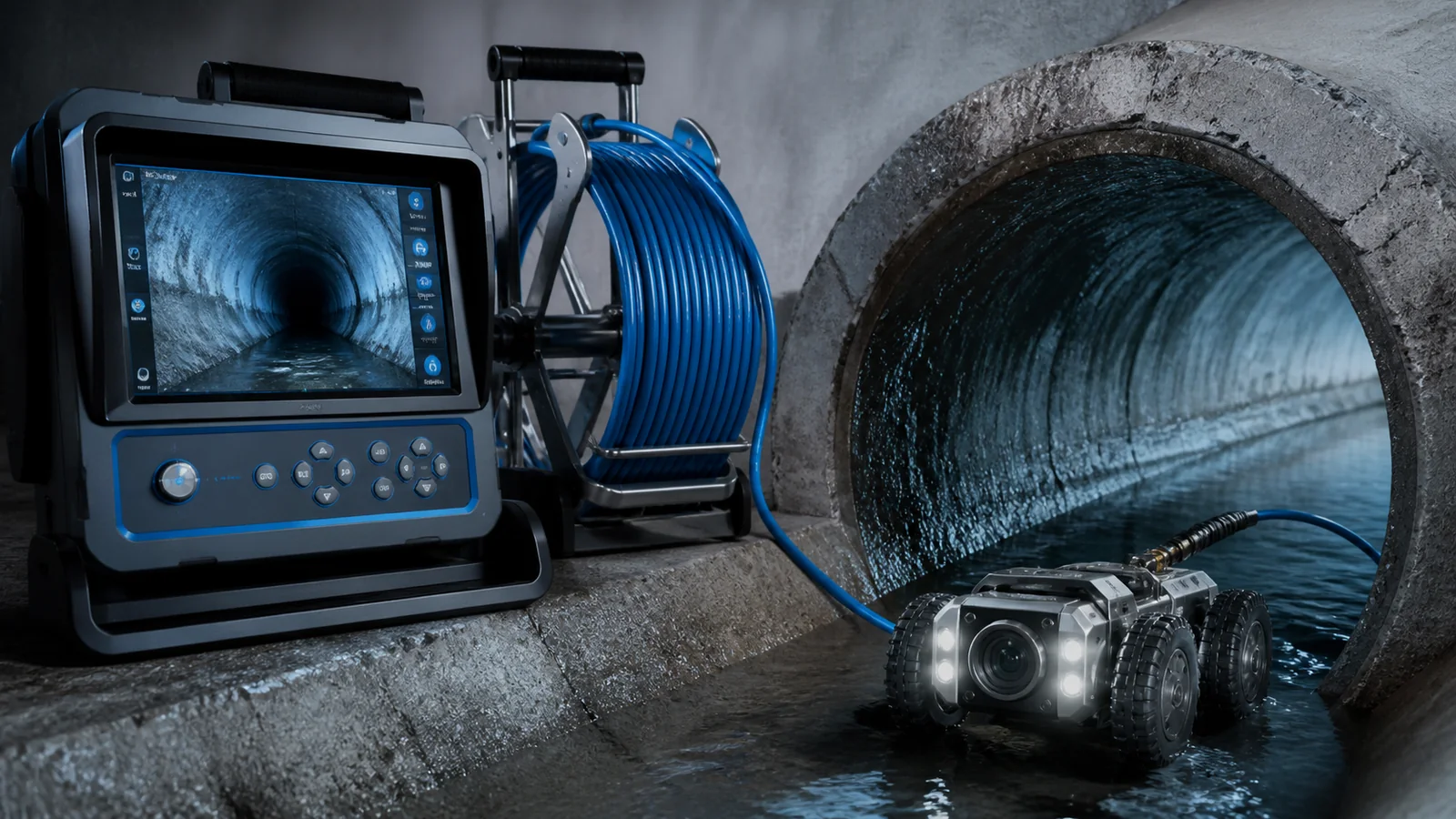 Mise en situation éditoriale d'un caméra d’inspection de canalisation dans son contexte d'usage professionnel
