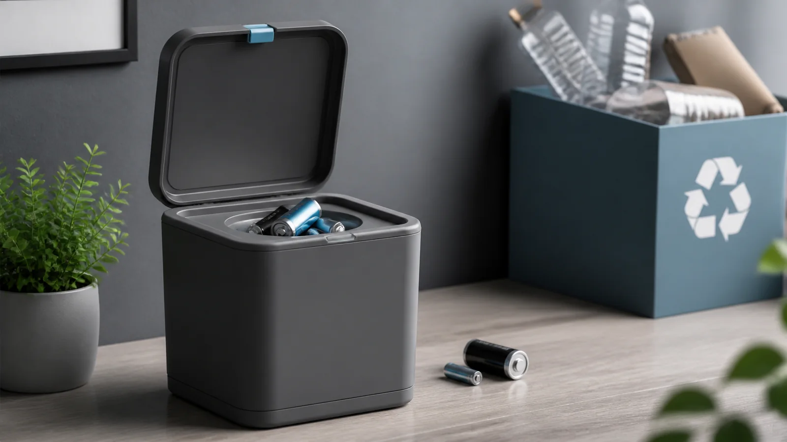Mise en situation éditoriale d'un boîte de collecte de piles dans son contexte d'usage professionnel