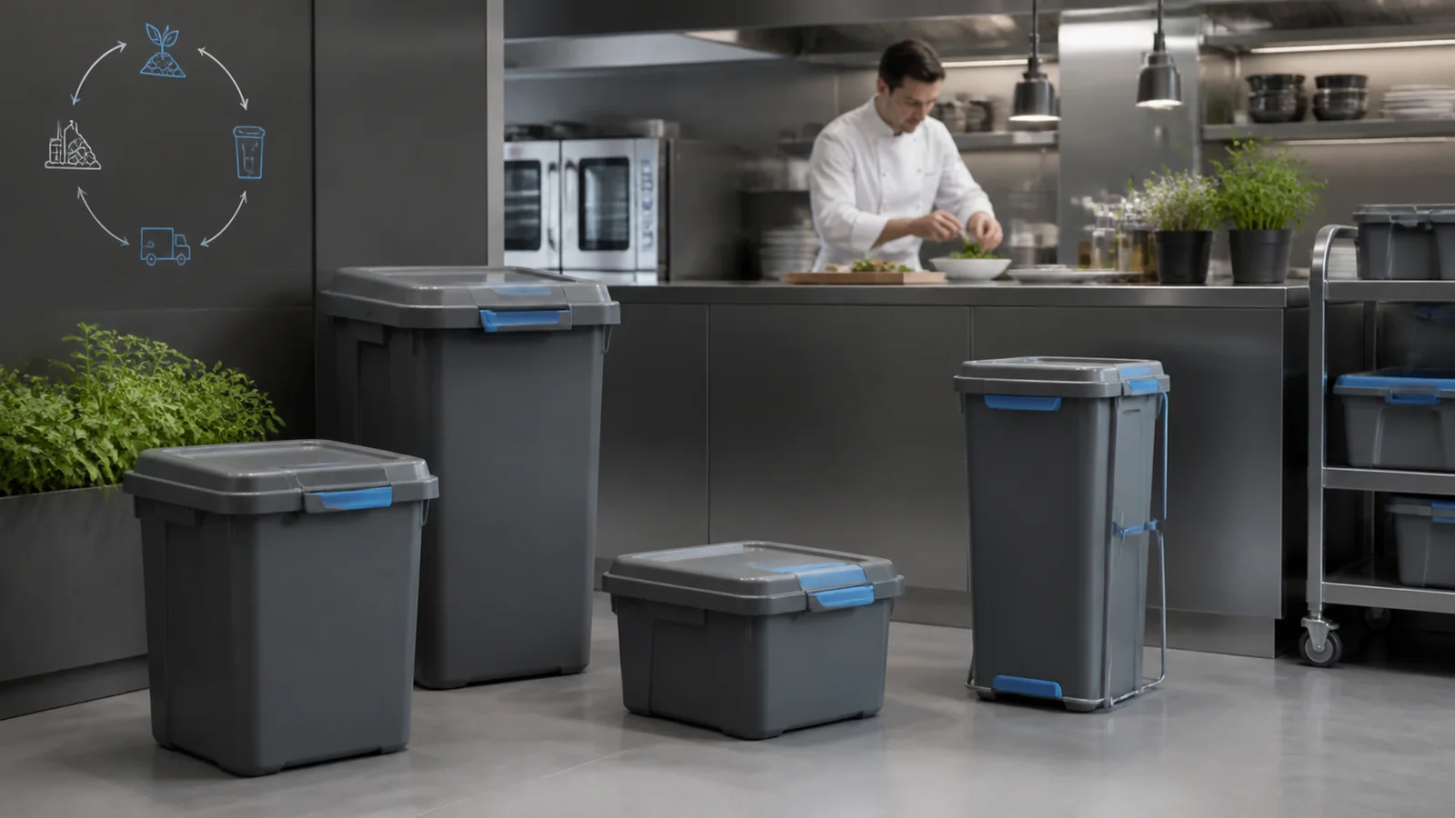 Mise en situation éditoriale d'un bac à déchets de restaurant dans son contexte d'usage professionnel