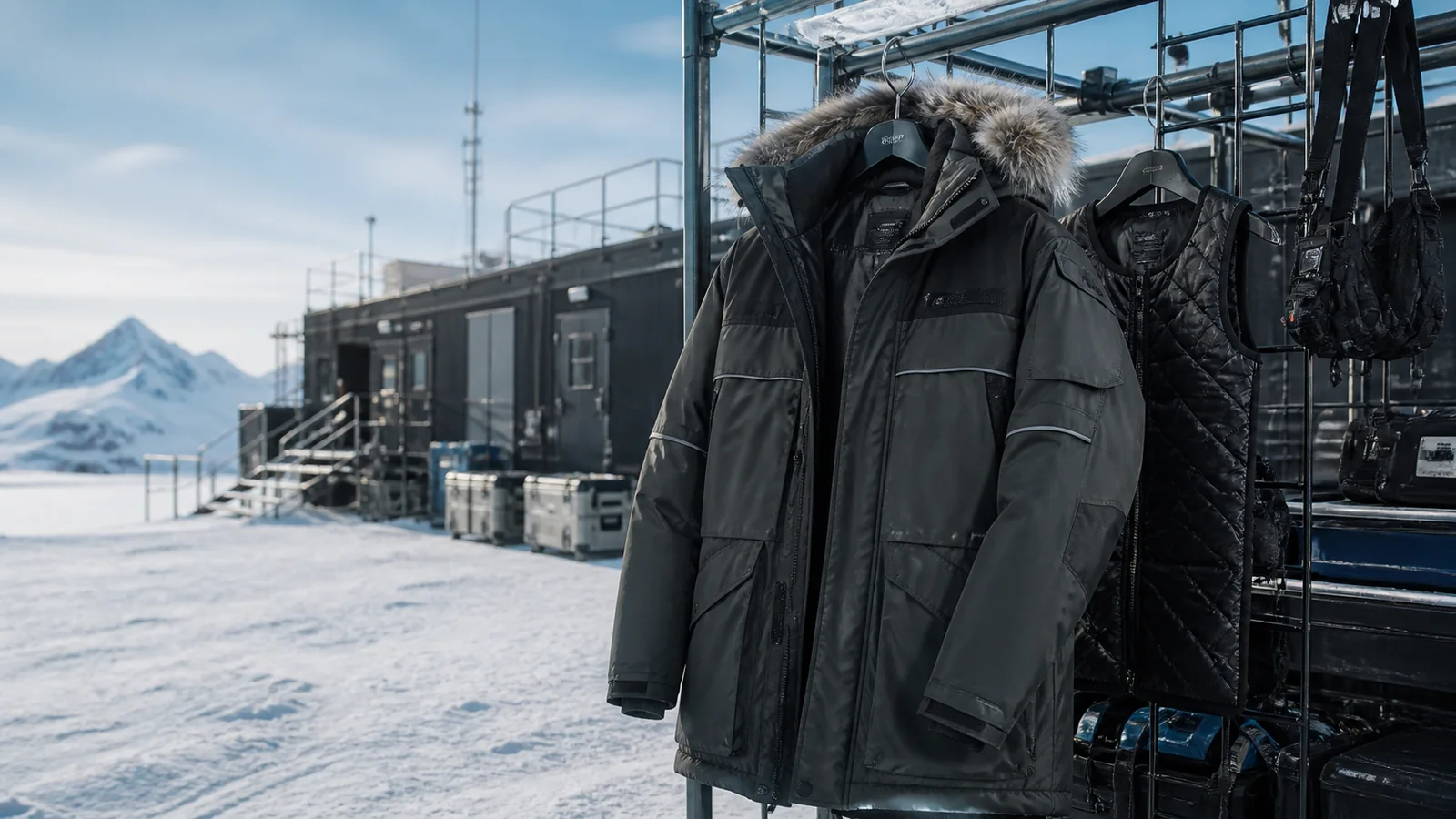 Mise en situation éditoriale d'un veste de mission pour le froid dans son contexte d'usage professionnel