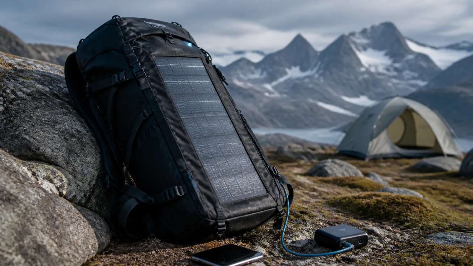 Mise en situation éditoriale d'un sac d'expédition solaire dans son contexte d'usage professionnel