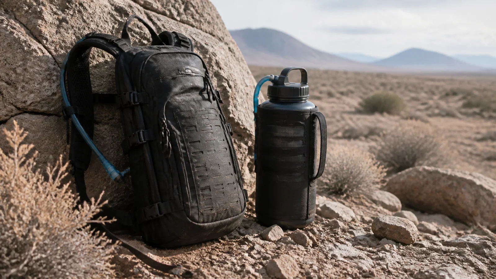 Mise en situation éditoriale d'un kit d'hydratation pour le désert dans son contexte d'usage professionnel