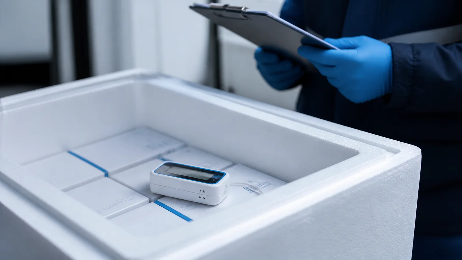 Mise en situation éditoriale d'un boîte de preuve de chaîne du froid dans son contexte d'usage professionnel