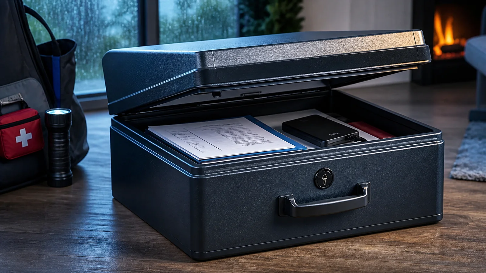 Mise en situation éditoriale d'un coffre pour documents de sinistre dans son contexte d'usage professionnel