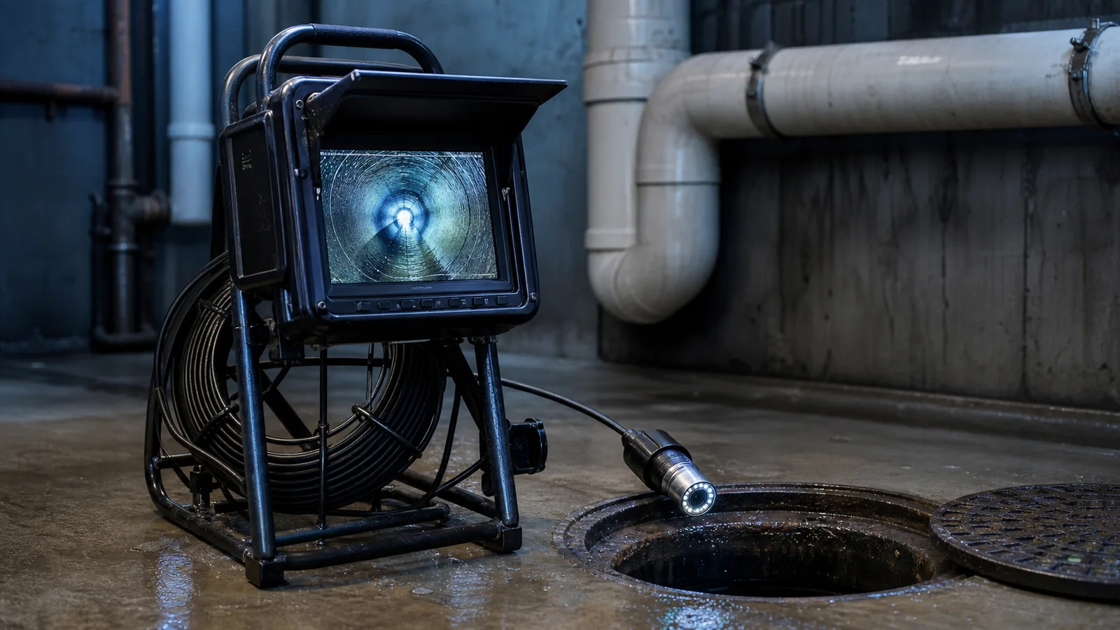 Mise en situation éditoriale d'un caméra d'inspection de canalisation dans son contexte d'usage professionnel