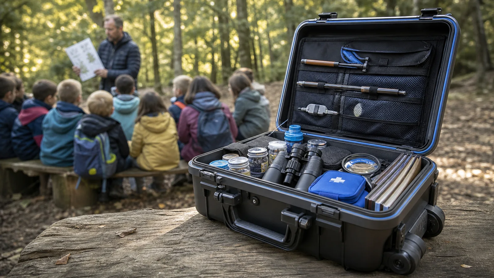 Mise en situation éditoriale d'un valise de classe verte dans son contexte d'usage professionnel