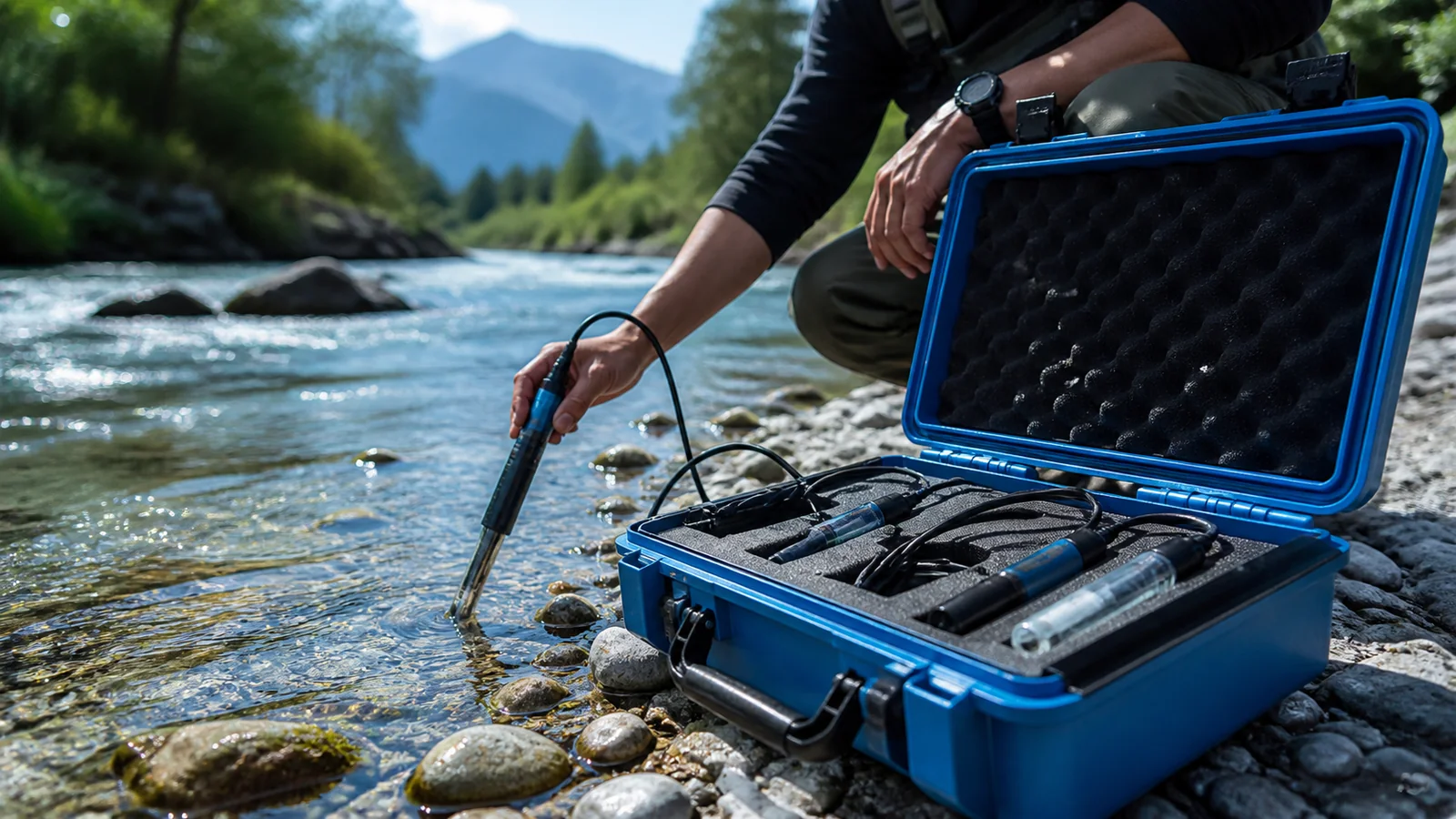 Mise en situation éditoriale d'un kit de mesure d'eau de rivière dans son contexte d'usage professionnel