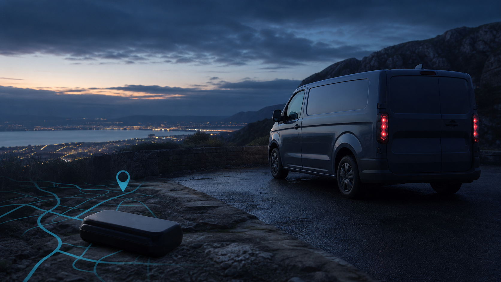 Van stationné au crépuscule avec représentation éditoriale générique d’un signal de localisation GPS