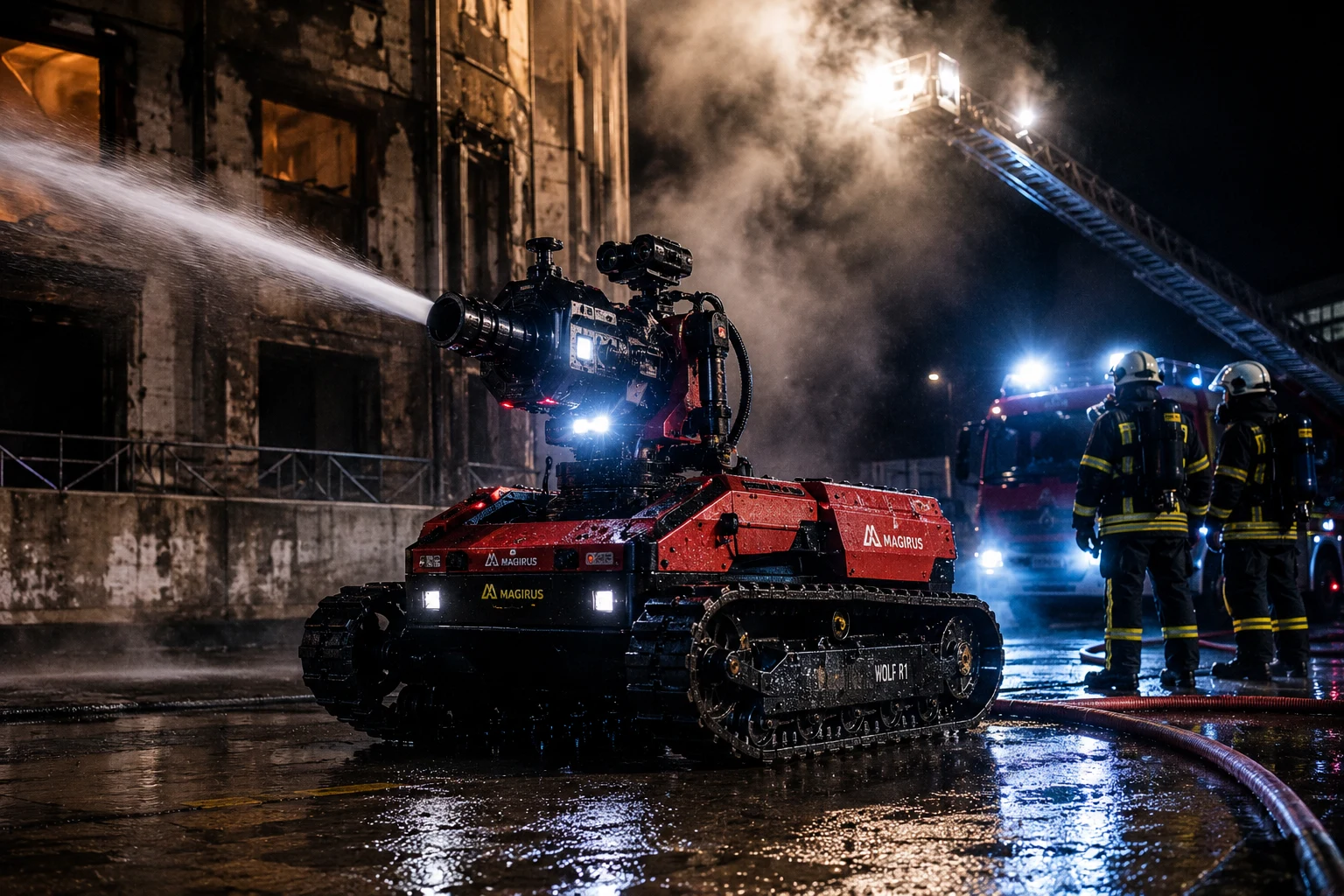 Robot à chenilles projetant de l'eau devant un bâtiment touché par un incendie.