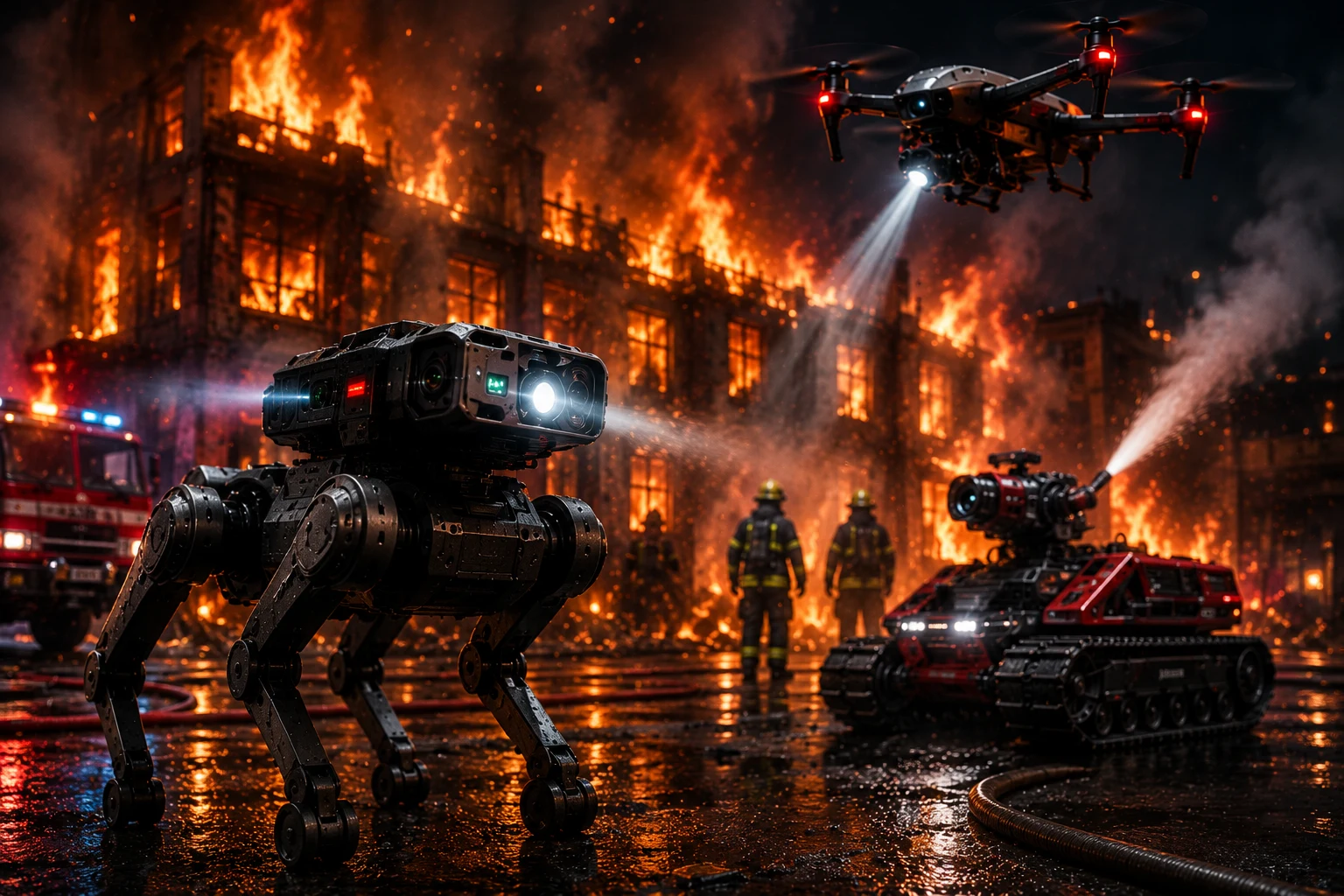 Robots de secours, drone et pompiers devant un bâtiment en feu.