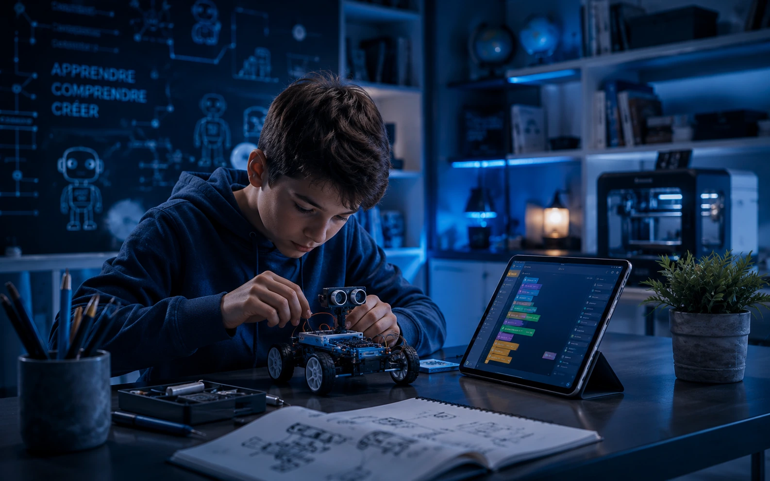 Table d’apprentissage avec robot éducatif, pièces et outils créatifs.