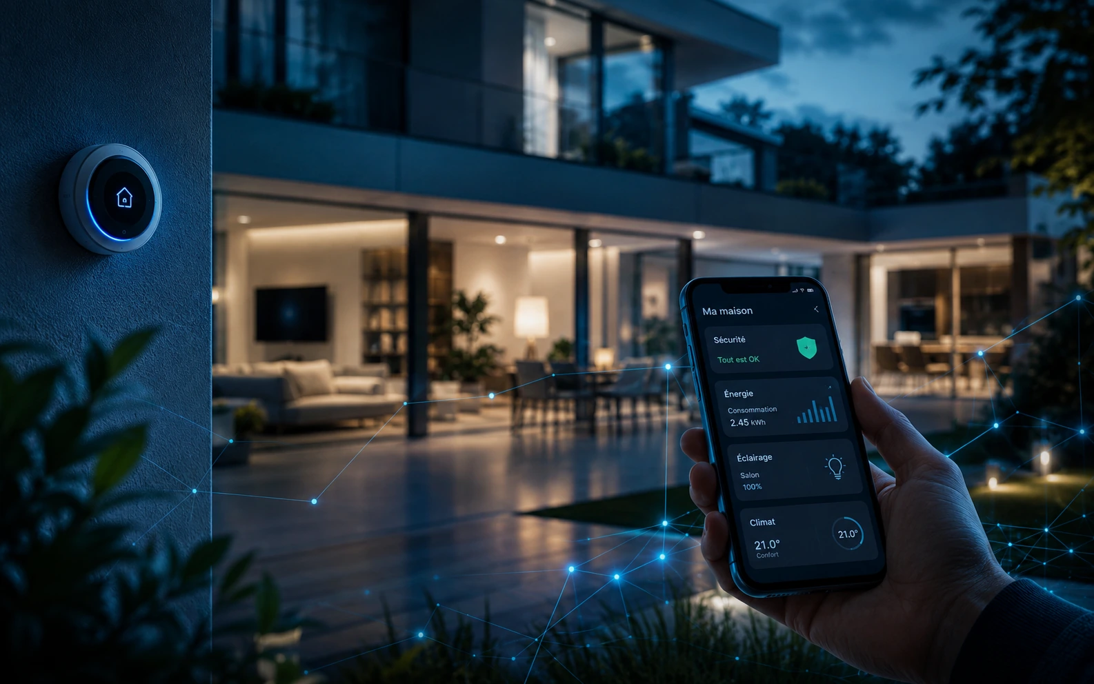 Maison contemporaine avec ambiance tech sobre, capteurs et énergie domestique.