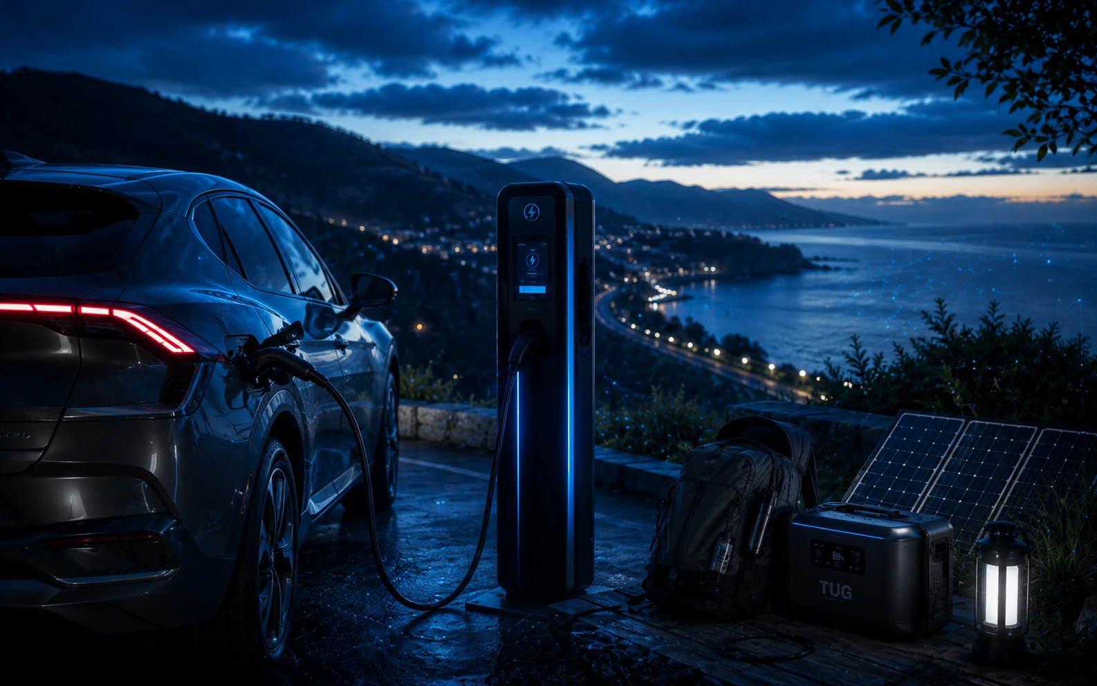 Scène de mobilité légère avec équipement connecté et ambiance bleu acier.