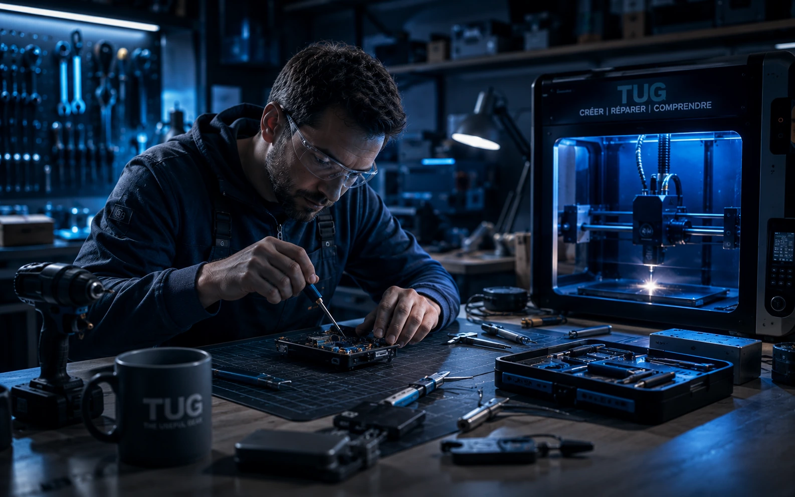 Atelier de travail premium avec outils intelligents et lumière acier.