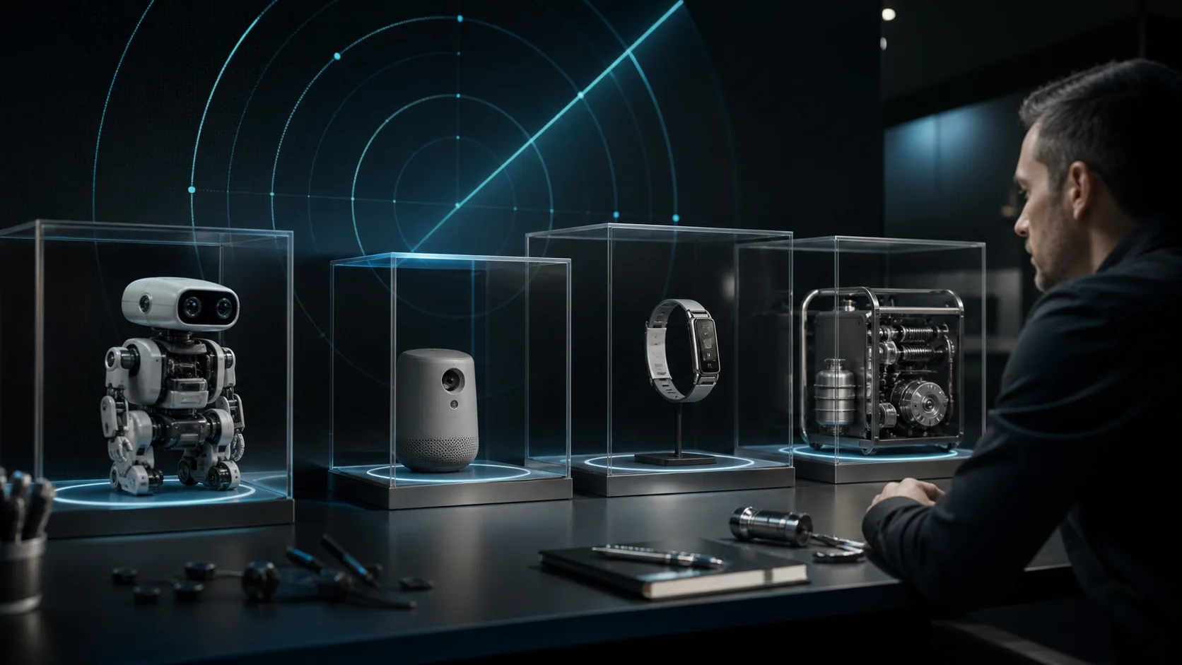 Visuel éditorial généré d’objets technologiques émergents observés dans un espace de veille.